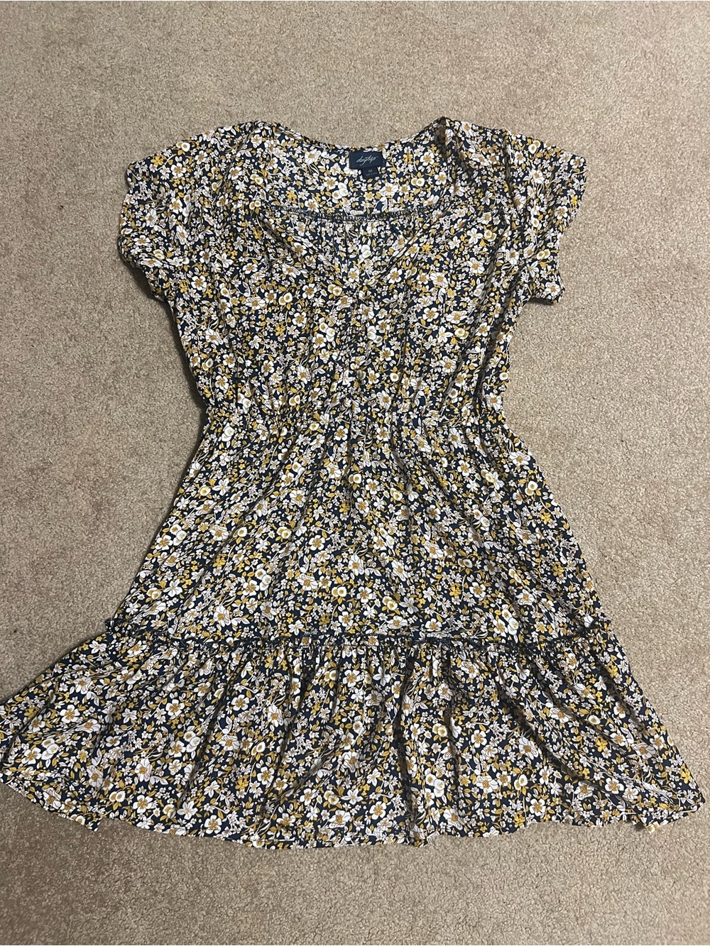 Floral Ruffle Hem Short Sleeve Dress - Yellow & white & navy